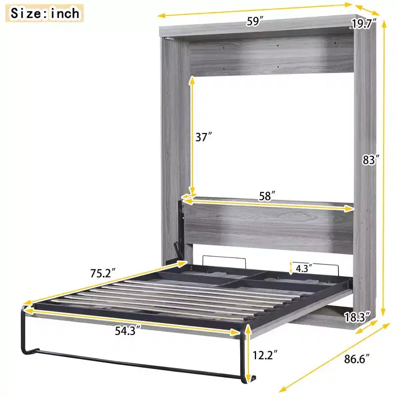 Full/Twin Size Murphy Bed Wall Bed, Wood Cabinet Bed, Gray