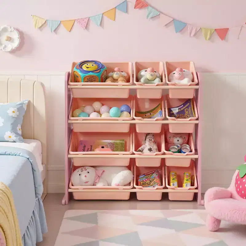 VECELO Kids Bookshelf Toy Storage with 12 Bins, Wooden Toy Rack for Toddlers, Large-Capacity Playroom Storage for Books or Toys
