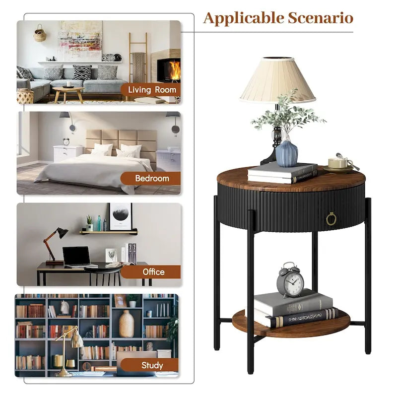 Myhozm Modern End Table with Storage Drawer, Round Nightstand with Metal Legs for Living Room, Bedroom, Office
