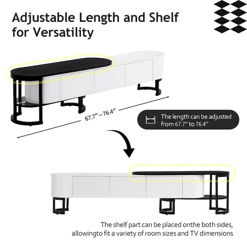 Modern Black White Retractable TV Stand with 3 Drawers and Metal Adjustable Legs for Living Room Bedroom