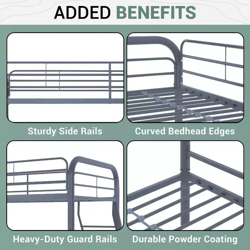 Full Metal Bunk Bed Low Height Safety Design with Guardrails, Angled Ladder and Underbed Storage