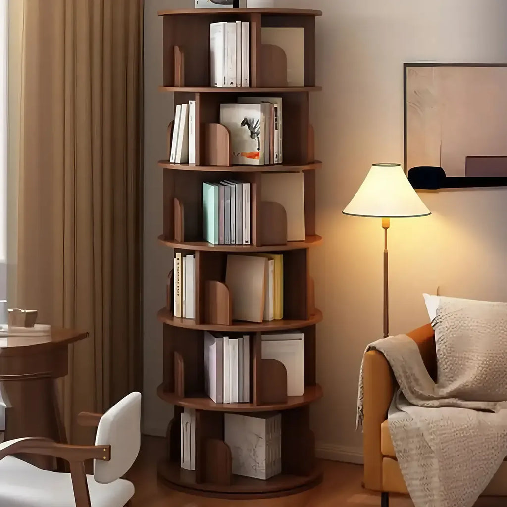 Brown Cylindrical Wooden Rotating Open-Back Bookcase