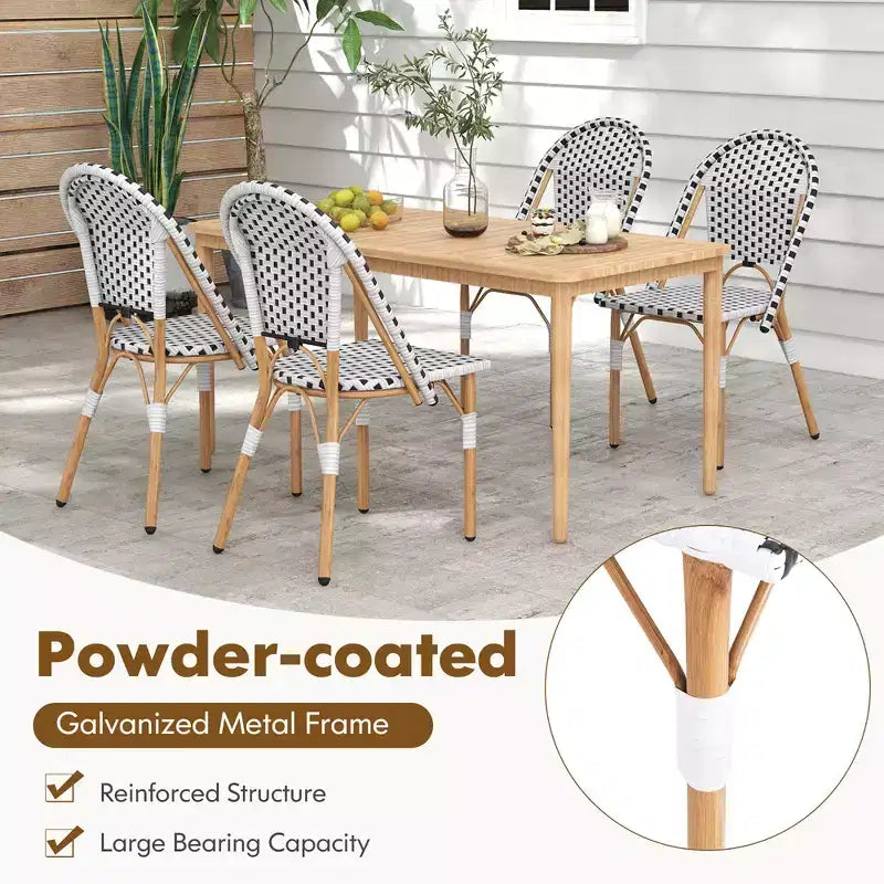 Costway French Bistro Chair Set of 4 w/ Hand-woven Rattan Galvanized Metal Frame Outdoor