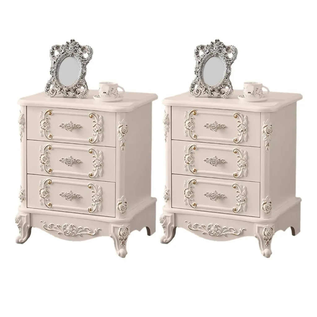 Traditional White Wood Carved 3-Drawer Nightstand