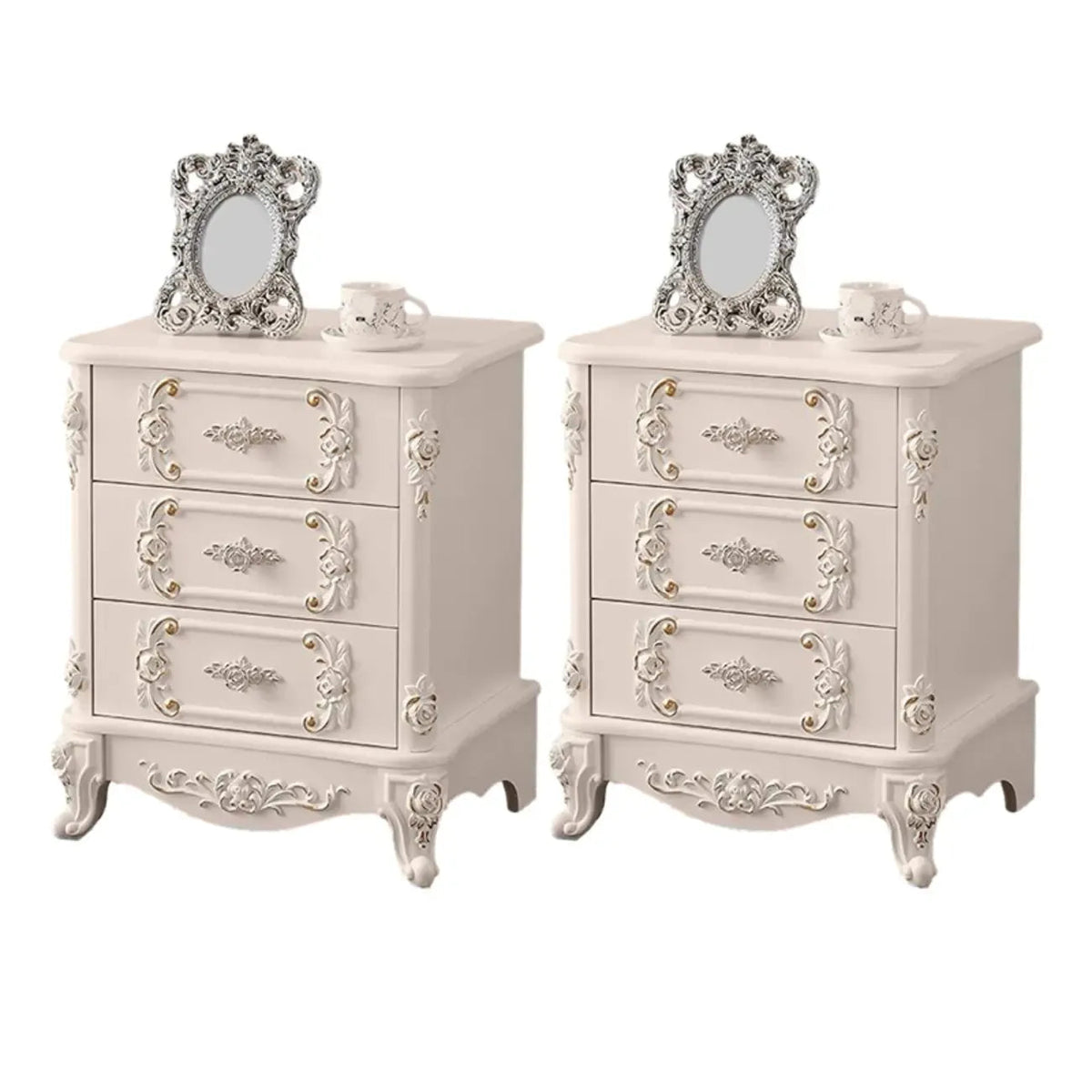 Traditional White Wood Carved 3-Drawer Nightstand