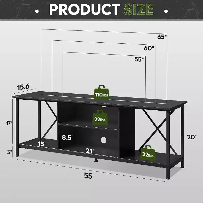 Rustic Industrial TV Stand for 55-65 TVs with Storage & Cable Management
