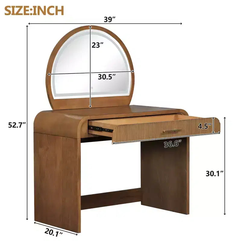 Makeup Vanity Table with Large Mirror and Touch Screen, Vanity Desk with Large Drawer and Arched Corner, Dressing Table for Bedroom