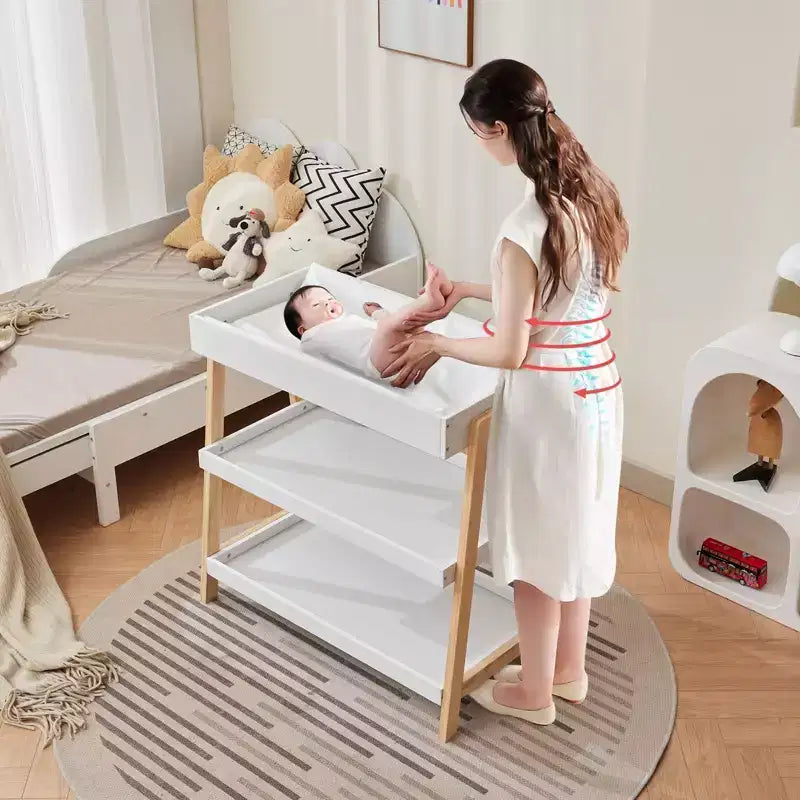 Modern Baby Changing Table with Waterproof Pad & 2 Storage Shelves, Portable Wood Nursery Furniture for Newborns/Infants, Wood+White