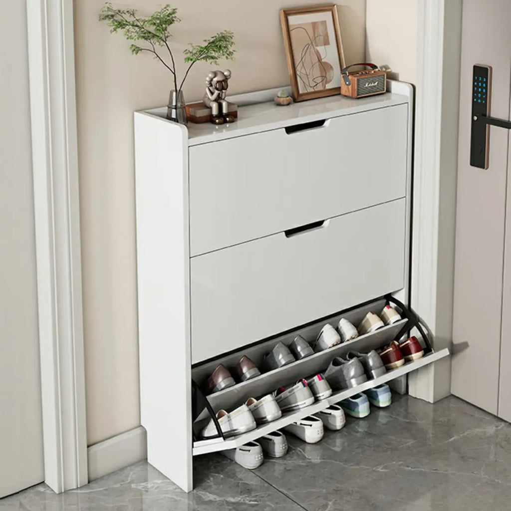3-Tier White Wood Shoe Cabinet with Drop Front