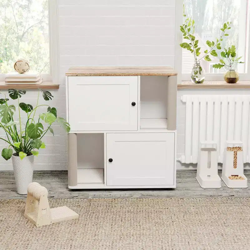 Litter Box Enclosure with Double Room, Hidden Enclosed Litterbox Furniture with Scratch Posts and Double-Layer Litter Mats Indoor Pet House