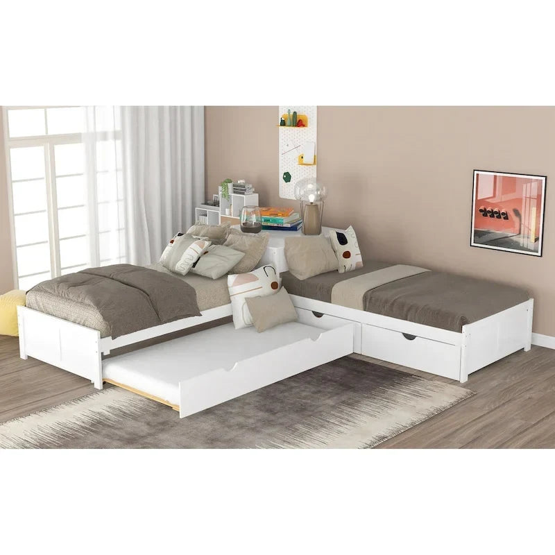 White Modern Twin Size L-shaped Platform Bed with Trundle and Drawers for Bedroom