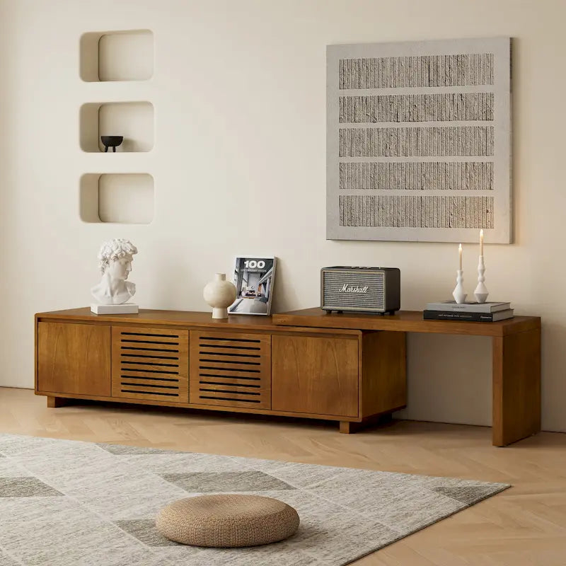 Mid Century Expandable TV Stand with 4 Storage Cabinets and Hollowout Door for Living Room Entertainment Center