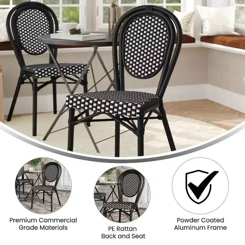 Flash Furniture Lourdes Indoor/Outdoor Commercial Thonet Bistro Stacking Chair, PE Rattan and Aluminum Frame