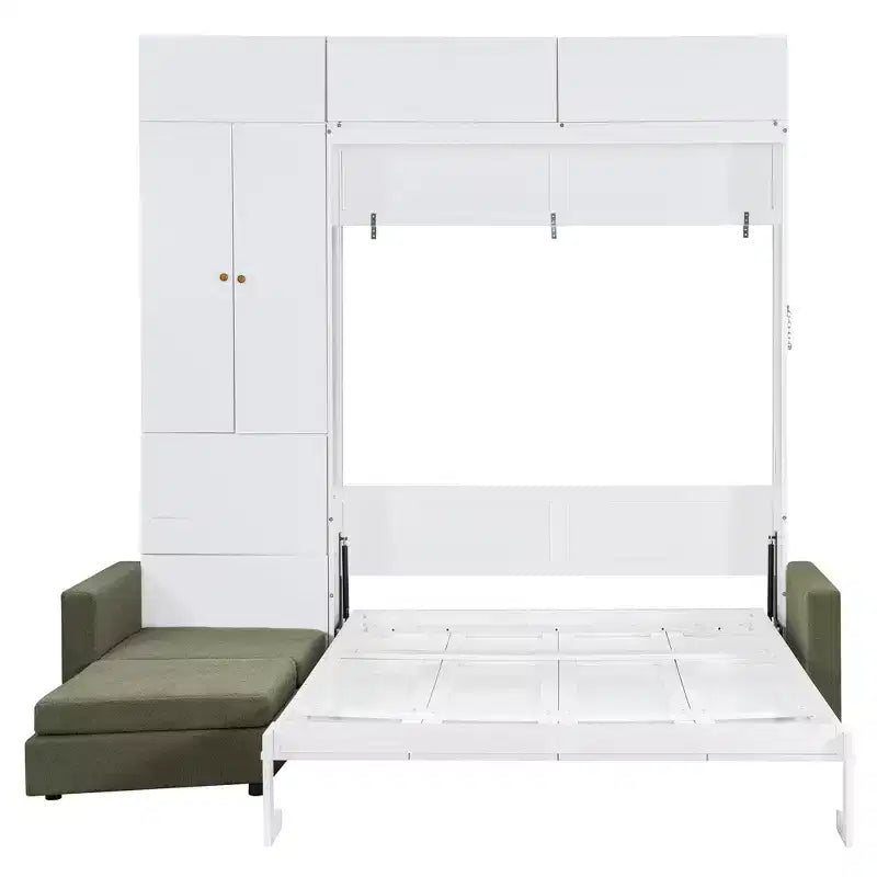 Queen Size Murphy Bed with Sofa and Cabinet, Wooden Queen Cabinet Bed Wall Bed with Shelves, Folding Wall Chest Bed for Guest Room Office