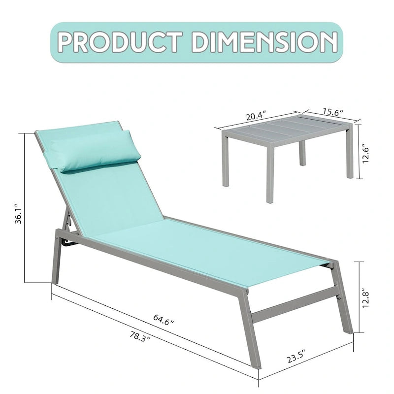 Patio Chaise Lounge Set of 3, Aluminum Pool Lounge Chairs with Side Table, Outdoor Adjustable Recliner All Weather