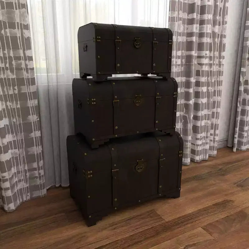 Set of 3 Traditional Wood Trunks Brown - Olivia & May: Distressed Finish, No Assembly, Decorative Storage