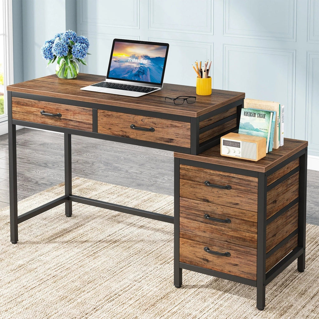 Reversible Computer Desk with 5 Drawers, Home Office Desk with File Cabinet Drawer Printer Stand