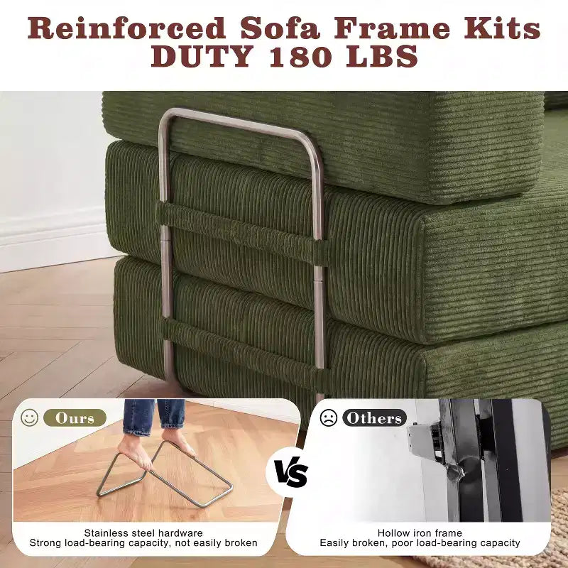 Dyonery 65-in five-in-one folding floor sofa bed, convertible into a double bed sofa bed, with a fixed metal frame, corduroy