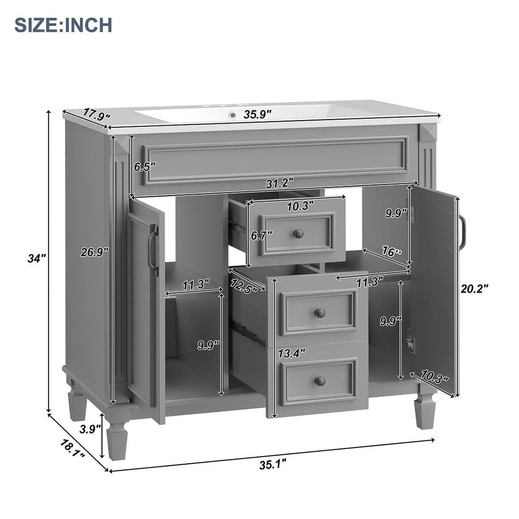 36 Modern Bathroom Vanity with Top Sink and Mirror Cabinet,2 Doors and 2 Drawers