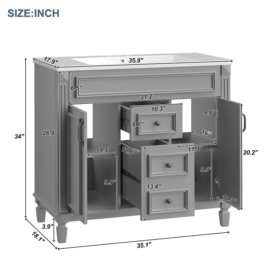 36 Modern Bathroom Vanity with Top Sink and Mirror Cabinet,2 Doors and 2 Drawers