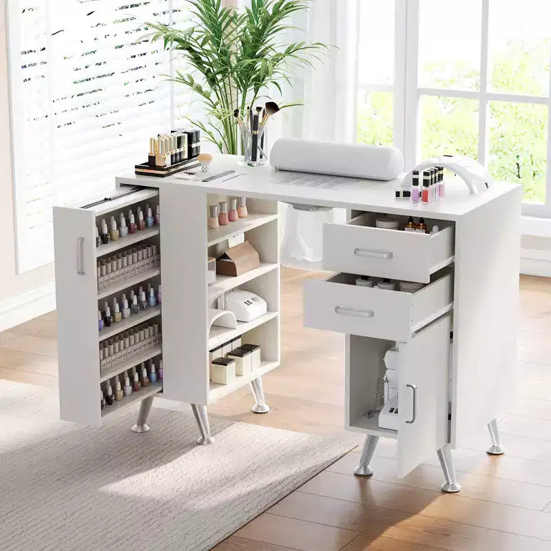 42 Manicure Table for Nail Tech with Dust Collector and Wrist Rest, Nail Desk with Vertical Pull-Out Locker, 1 Storage Cabinet, 2 Drawers