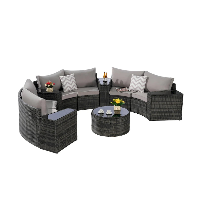 11-Piece Outdoor Half-Round Modular Sectional Sofa Set with Tempered Glass Coffee Table and 4 Side Table