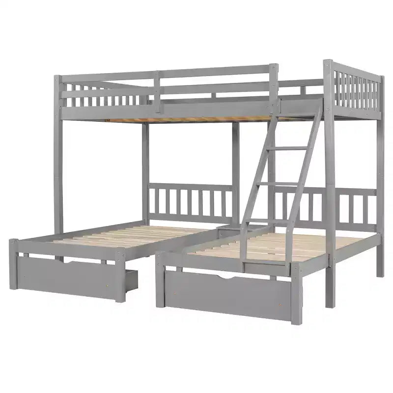 Full Over Twin & Twin Bunk Bed for 3, Wooden Triple Bunk Bed with 2 Storage Drawers, can be Divided into 3 Separate Beds