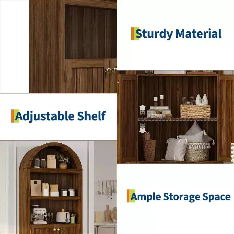 72 Tall Arched Cabinet, 5 Tier Arched Bookshelf with Double Doors & Adjustable Shelf, Wooden Bookcase with Storage for Home Office