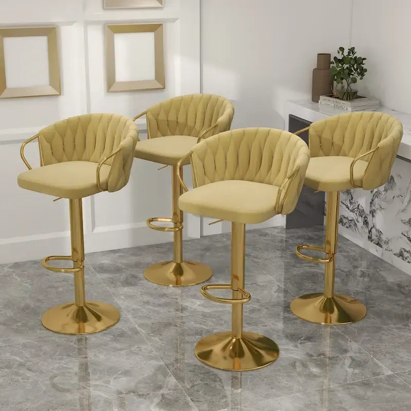 Set of 4 Bar Stool Adjustable Height Swivel Velvet Woven