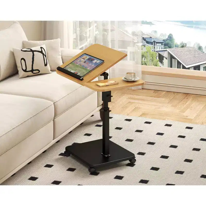 1 Set c-Shaped Side Table, Height Adjustable Overbed Bedside Table with Wheels, Multi-Purpose Sofa Table & Laptop Desk for Small Spaces