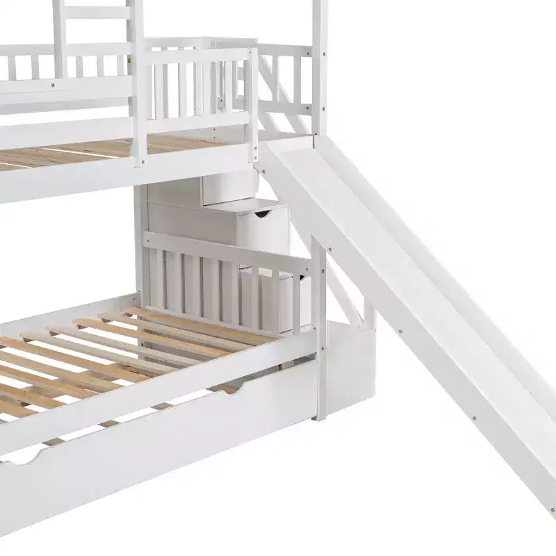 Whisen Twin over Twin House Bunk Bed with Trundle and Slide, Storage Staircase, Roof and Window Design