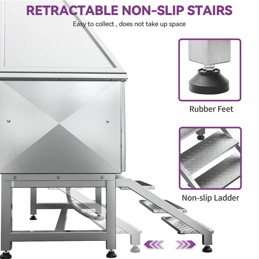 50 W Stainless Steel Adjustable Pet Grooming Tub with Steps Ramp