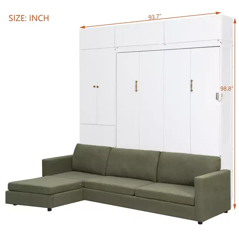 Queen Size Murphy Bed with Sofa and Cabinet, Wooden Queen Cabinet Bed Wall Bed with Shelves, Folding Wall Chest Bed for Guest Room Office