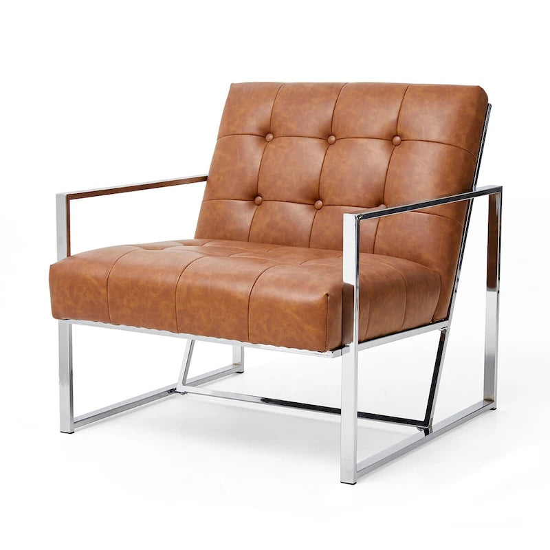 Glitzhome 30.50H Cream Mid-Century PU Leather Tufted Accent Chair with Chrome Plated Frame