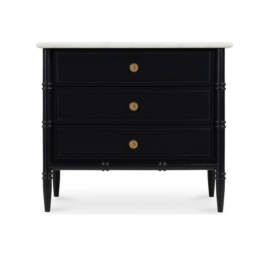 Provence-Inspired Mango Wood & Marble Top Nightstand with Brass Handles & Dual Drawers for Bedroom
