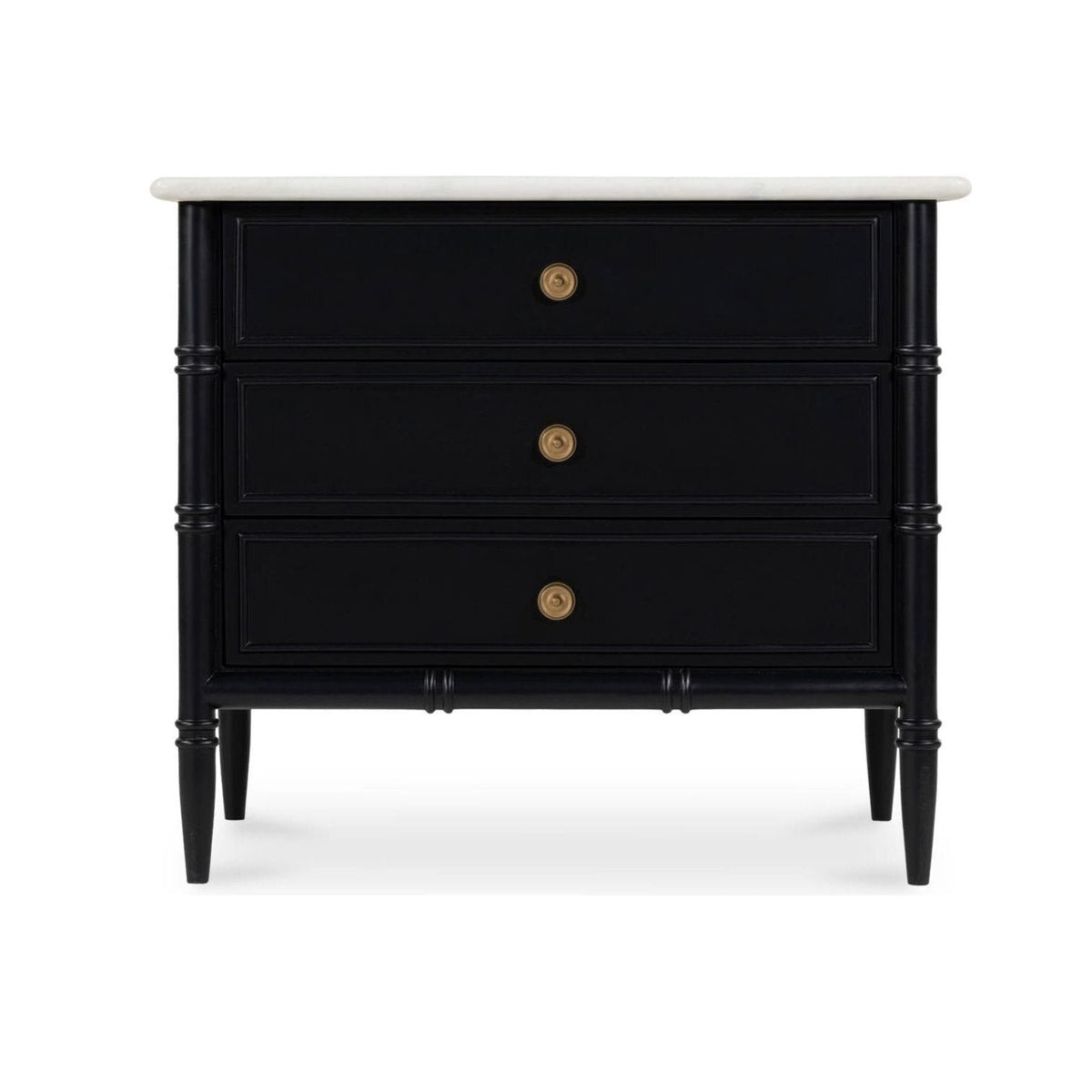 Provence-Inspired Mango Wood & Marble Top Nightstand with Brass Handles & Dual Drawers for Bedroom