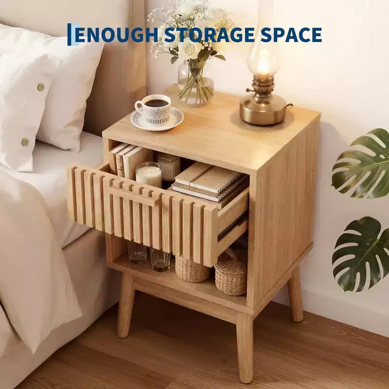 Set of 2 Boho Nightstands w/ Striped Drawer and Open Shelf, Compact Wood Bedside End Table, Small Space Side Table for Bedroom and Living Room