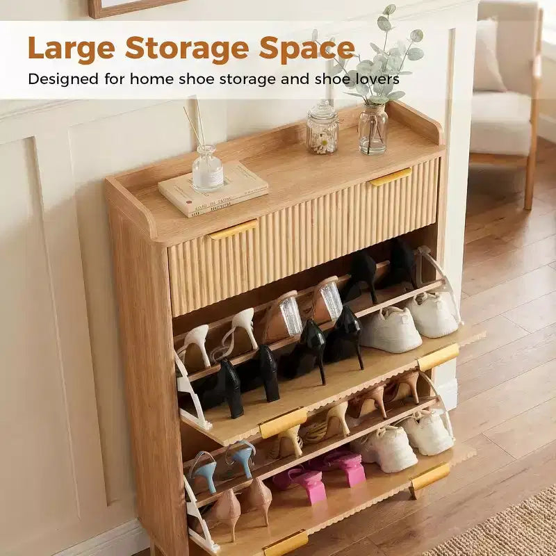 Slim Fluted Shoe Cabinet for Entryway  Modern Narrow Hallway Organizer with 2 Doors, Adjustable Shelves, Compact Storage Solution for Home