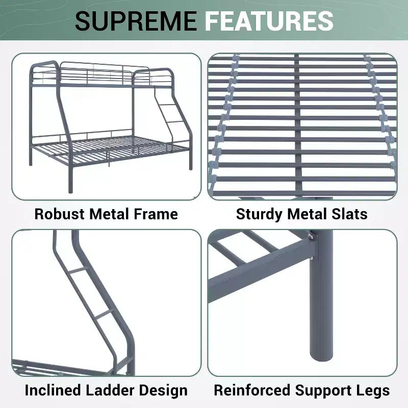 Full Metal Bunk Bed Low Height Safety Design with Guardrails, Angled Ladder and Underbed Storage