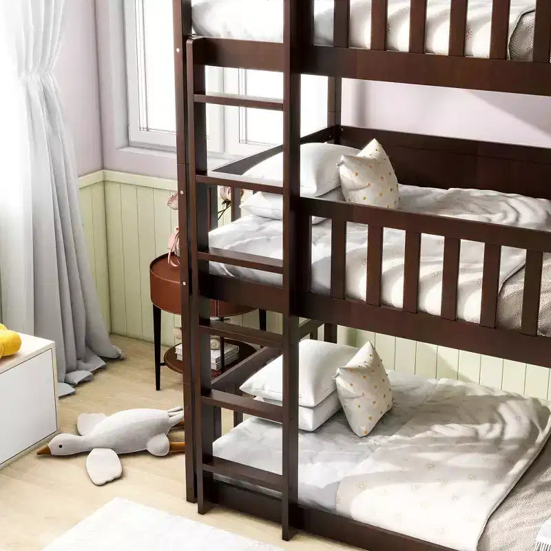 Triple Twin Bunk for Kids, Twin over Twin over Twin Detachable Bunk Bed with Ladder and Guardrail, Separate into 3 Beds