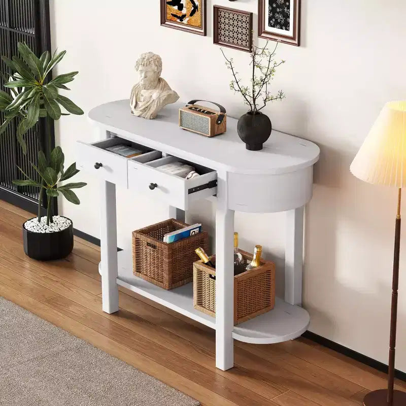 Okak Elegant Console Table with Smooth Glaze, Entry Table with Curved Design and 2 Drawers, Accent Table for Living Room, Hallway