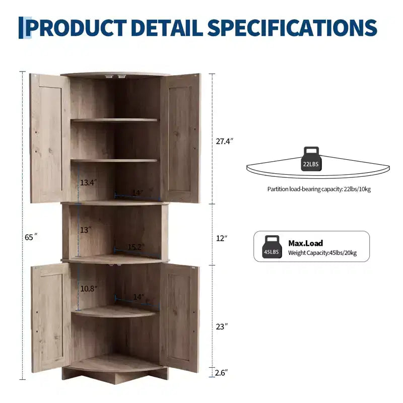 COZONY 65 Farmhouse Corner Cabinet with Doors and Adjustable Shelves, Tall Corner Pantry Storage Cabinet for Kitchen Living Room