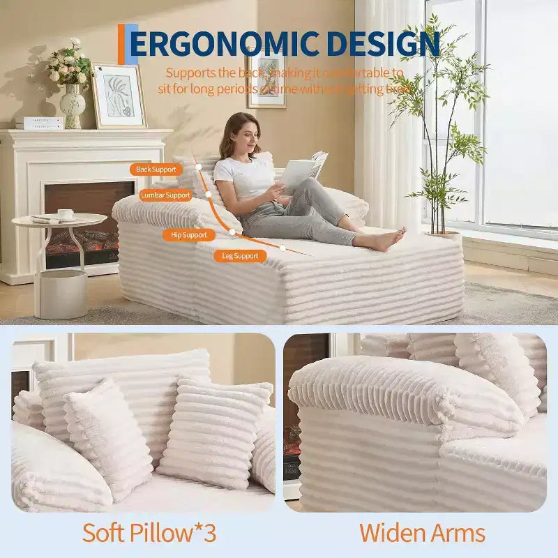 Oversized Chaise Lounge Chair Sofa Bed, Corduroy Sleeper Sofa with Pillows and Wide Armrests for Living Room, Bedroom, Movie Room