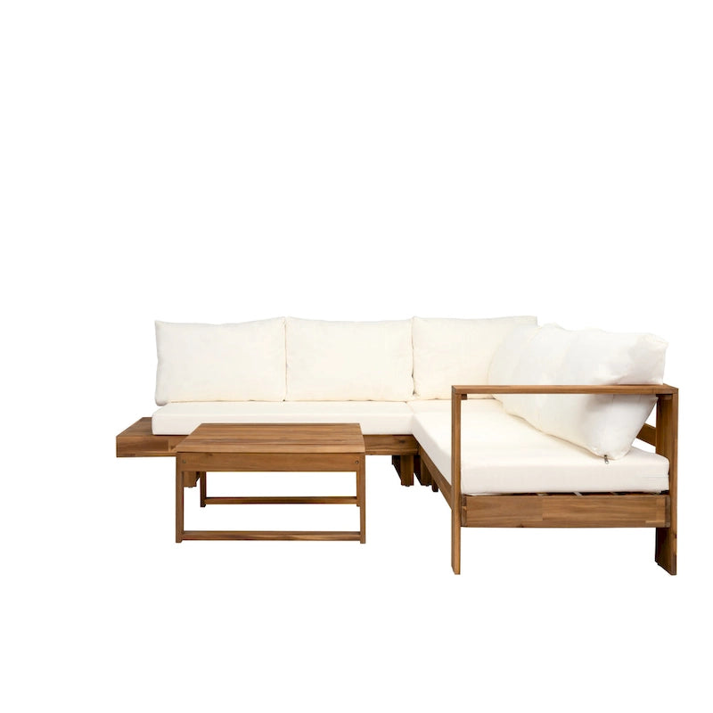 L-shape Sectional Sofa Set Patio Couch Set with Table, Wooden Lounge Chaise Sofa Outdoor 4-piece Conversation Sets