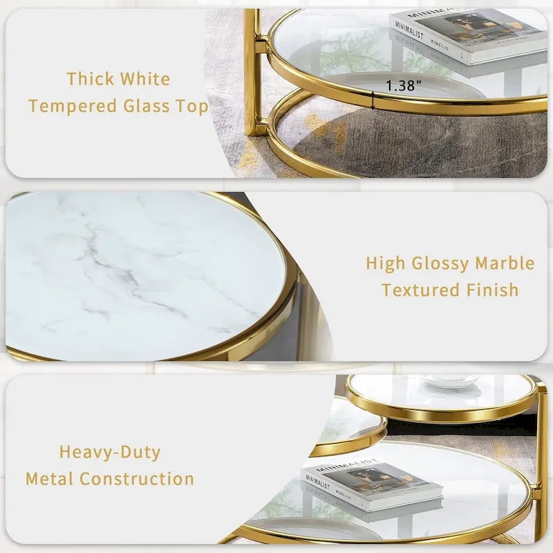 Round Tempered Glass Coffee Table with 3 Tiers 360 Degrees Rotating Top