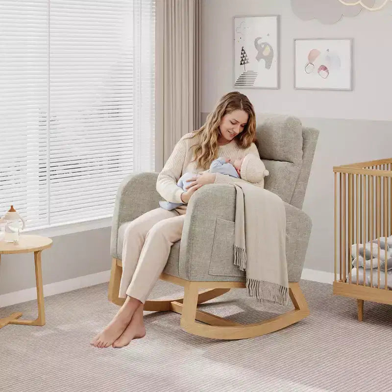 Modern Soft Rocking Chair with Pillow & Side Pockets, for Living Room, Bedroom
