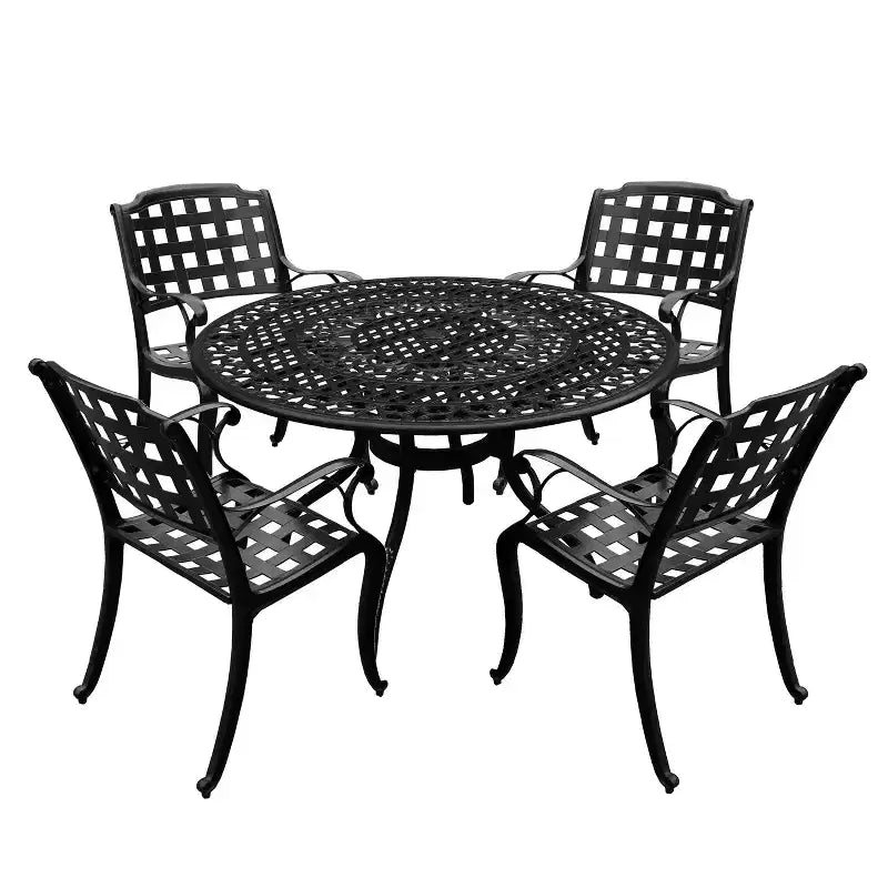 5pc Patio Dining Set with 48 Ornate Outdoor Mesh Aluminum Round Table & Checker Chairs - Black - Oakland Living: UV-Resistant, Mold-Resistant