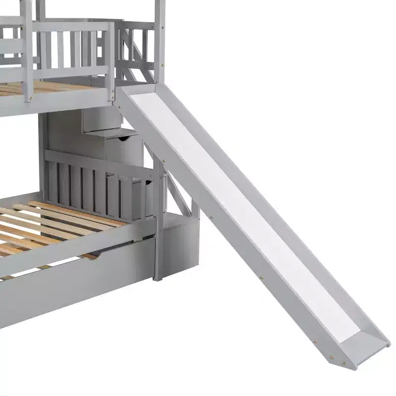 Whisen Twin over Twin House Bunk Bed with Trundle and Slide, Storage Staircase, Roof and Window Design