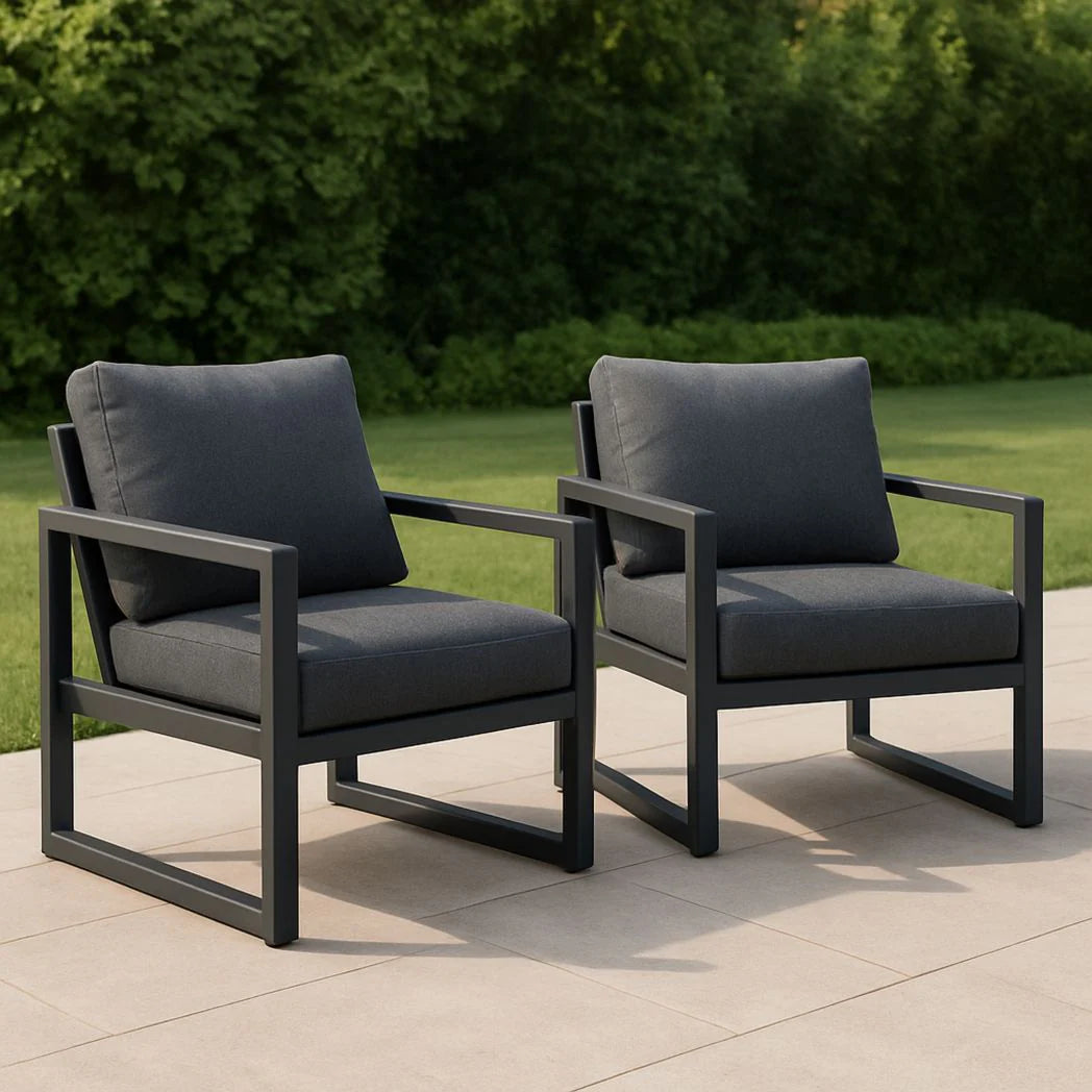 Lot de 2 fauteuils de jardin extérieur en aluminium gris avec coussins en polyester