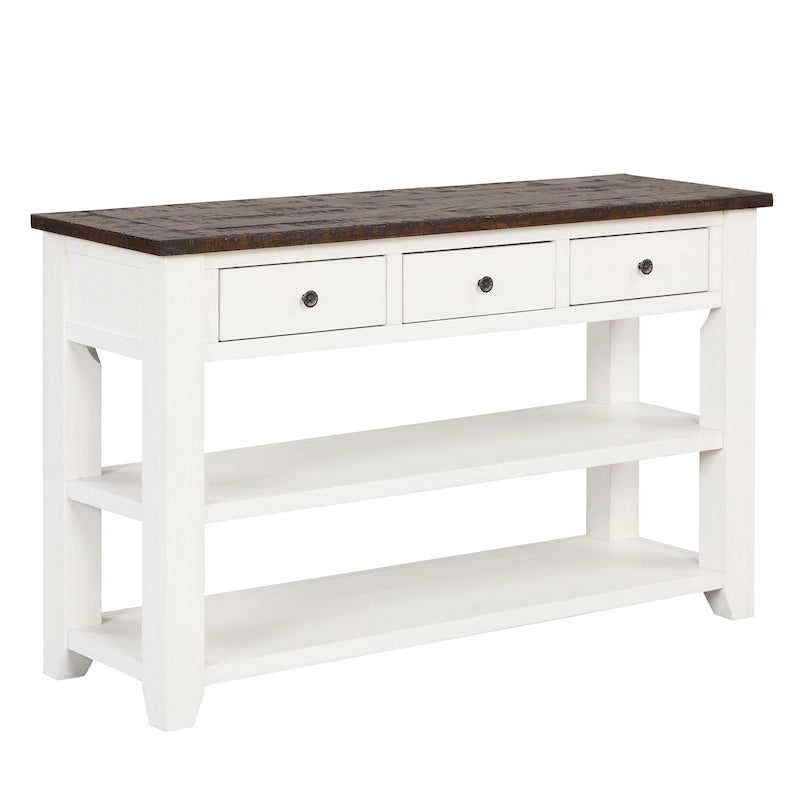 Modern Solid Pine Wood Top Console Table with 3 Drawers and 2 Shelves